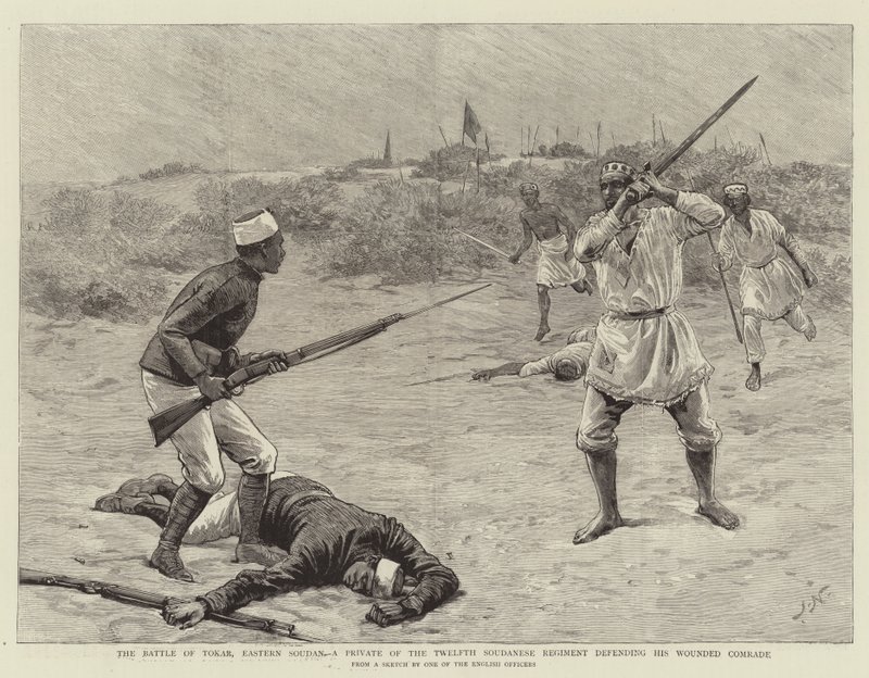 A Batalha de Tokar, Eastern Soudan, um Soldado do Décimo Segundo Regimento Soudanese defendendo seu Camarada Ferido de Joseph Nash