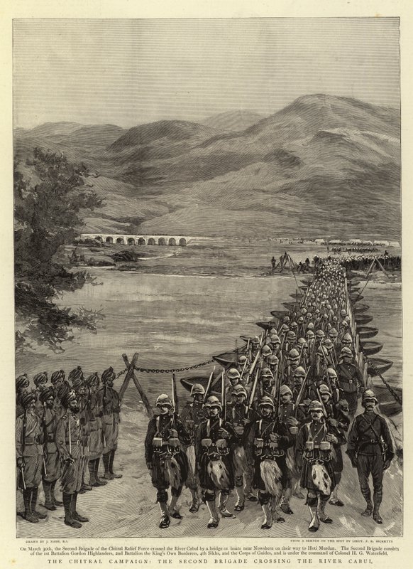 A Campanha Chitral, a Segunda Brigada que atravessa o rio Cabul de Joseph Nash