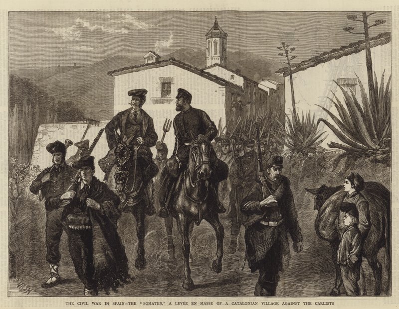 A Guerra Civil na Espanha, o Somaten, um Levee en Masse de uma aldeia catalã contra os carlistas de Joseph Nash