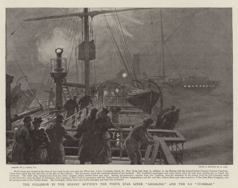 A colisão no Mersey entre o White Star Liner Germanic e o SS Cumbrae de Joseph Nash