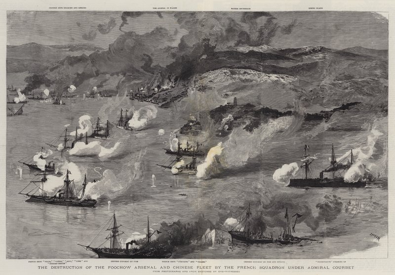 A destruição do arsenal de Foochow e da frota chinesa pelo esquadrão francês sob o almirante Courbet de Joseph Nash