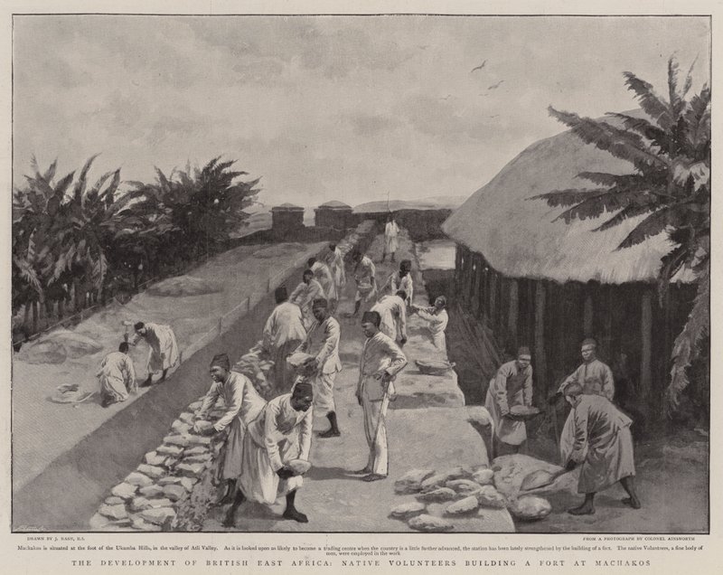 O Desenvolvimento da África Oriental Britânica, Voluntários Nativos construindo um Forte em Machakos de Joseph Nash