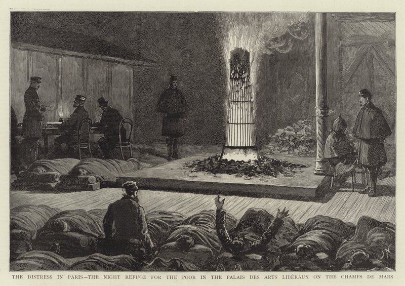 A aflição em Paris, o refúgio nocturno para os pobres no Palais des Arts Liberaux no Champs de Mars de Joseph Nash