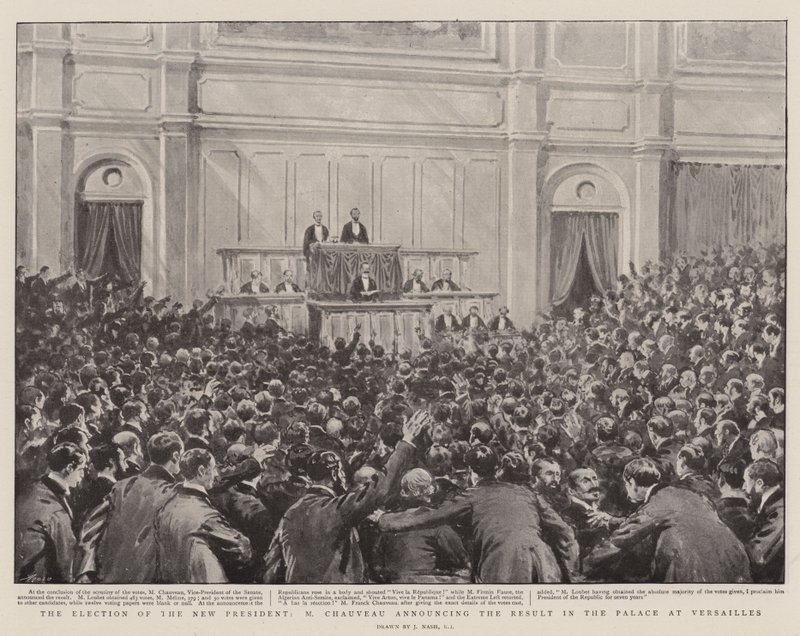 A eleição do novo presidente, M Chauveau anunciando o resultado no palácio em Versalhes de Joseph Nash