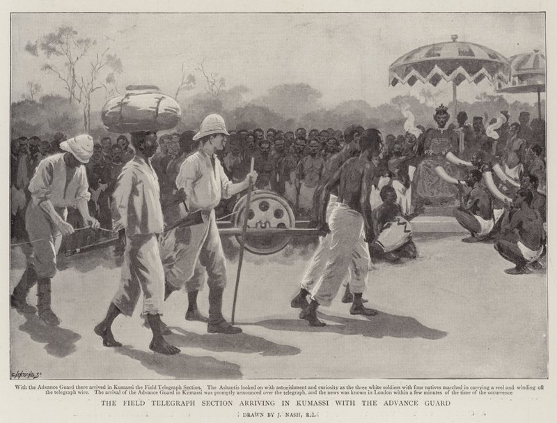 A seção do telégrafo de campo que chega em Kumassi com o protetor avançado de Joseph Nash