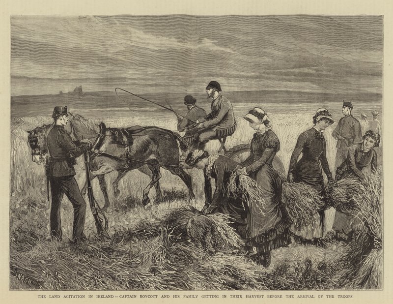 A agitação terrestre na Irlanda, o capitão boicote e sua família entrando em sua colheita antes da chegada das tropas de Joseph Nash