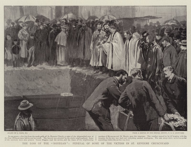 A perda do Mohegan, funeral de algumas das vítimas no cemitério de St Keverne de Joseph Nash