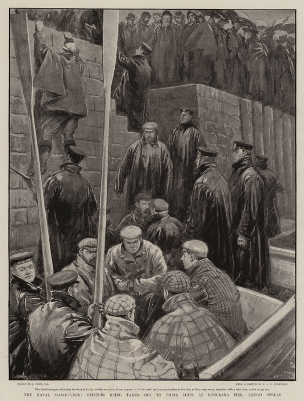 As manobras navais, oficiais sendo retirados para seus navios no cais de Buncrana, Lough Swilly de Joseph Nash