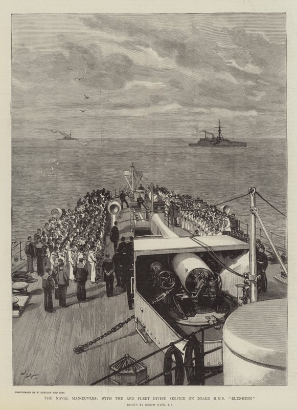 As manobras navais, com a frota vermelha, serviço divino a bordo do HMS Blenheim de Joseph Nash