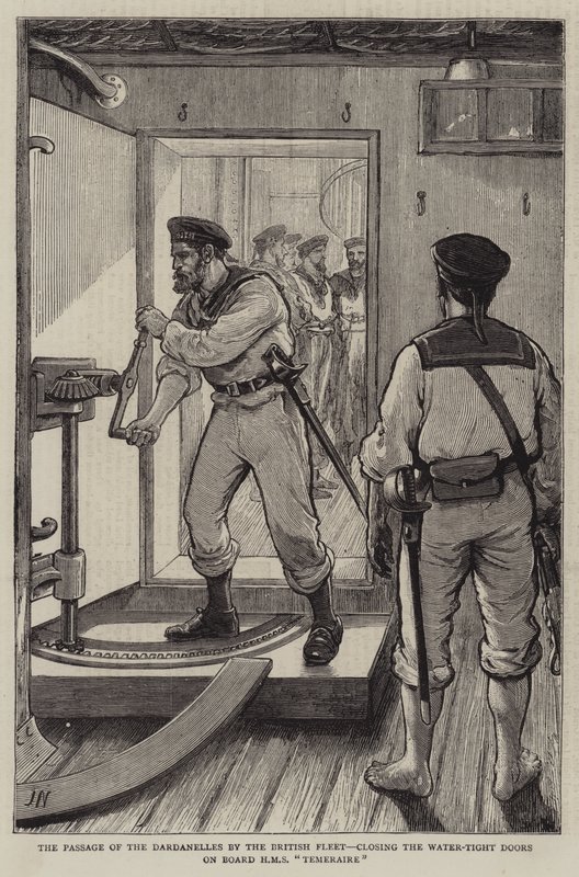 A Passagem dos Dardanelos pela Frota Britânica, fechando as Portas Hidráulicas a Bordo HMS Temeraire de Joseph Nash