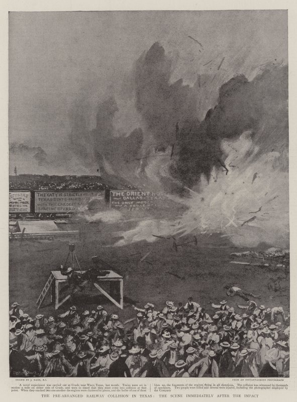 A colisão ferroviária pré-arranjada no Texas, a cena imediatamente após o impacto de Joseph Nash
