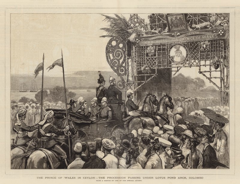 O, príncipe, de, gales, em, Ceilão, a, procissão, passagem, sob, loto, lagoa, arco, colombo de Joseph Nash