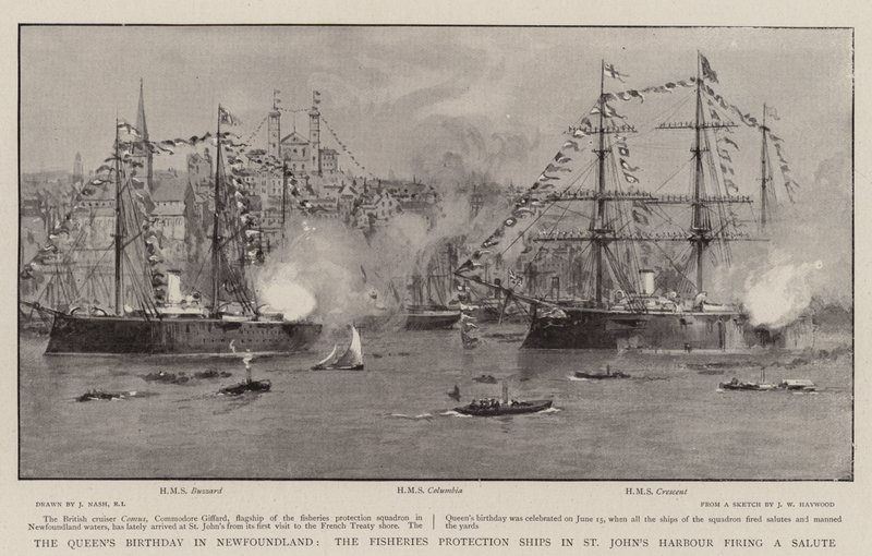 Aniversário da rainha em terra nova, os navios de proteção de pesca no porto de São João disparando uma saudação de Joseph Nash