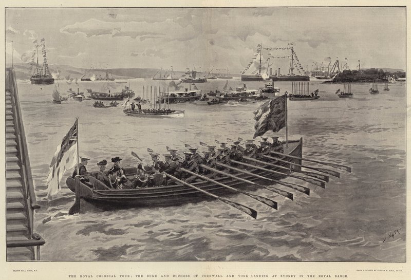 O Royal Colonial Tour, o Duque e a Duquesa da Cornualha e York pousando em Sydney na Barca Real de Joseph Nash