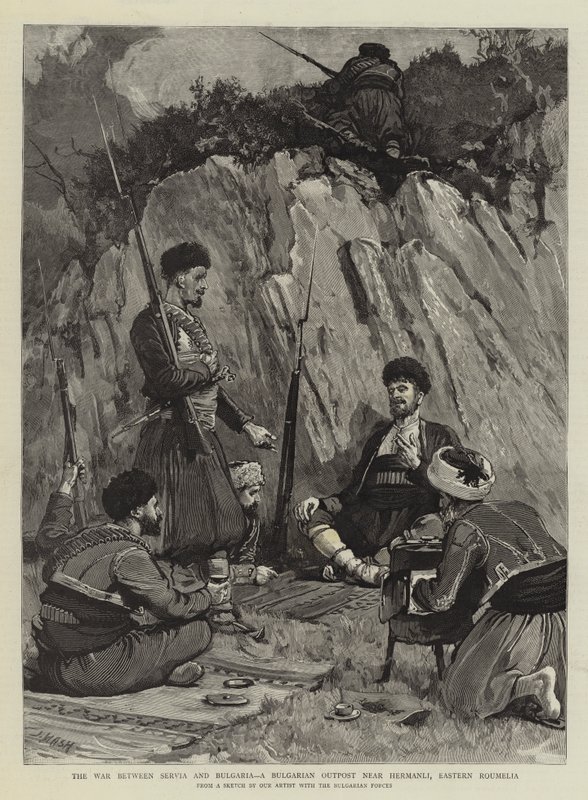 A guerra entre Servia e Bulgária, um posto avançado búlgaro perto de Hermanli, Eastern Roumelia de Joseph Nash
