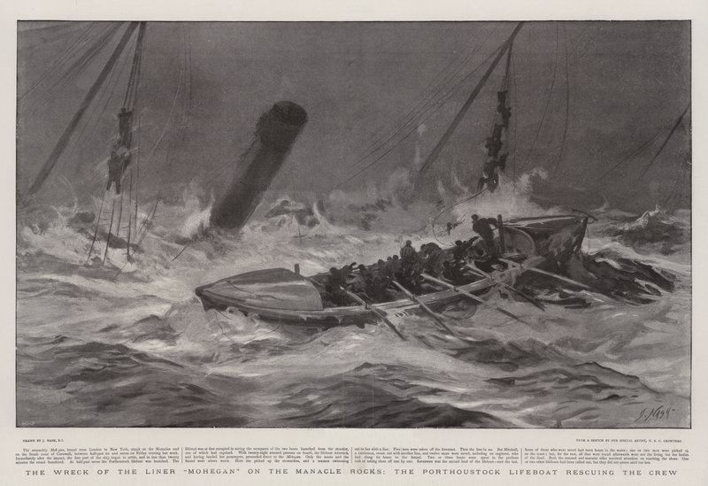 O naufrágio do forro Mohegan nas rochas de Manacle, o barco salva-vidas Porthoustock resgatando a tripulação de Joseph Nash