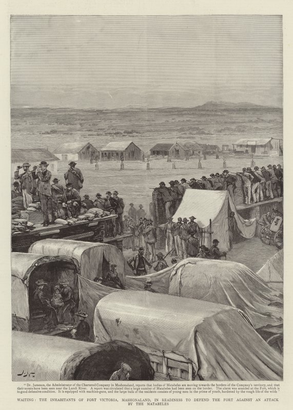 Esperando, os Habitantes do Forte Victoria, Mashonaland, em Prontidão para defender o Forte contra um Ataque pelo Matabeles de Joseph Nash