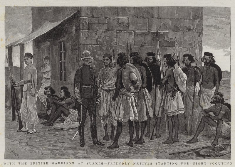 Com a guarnição britânica em Suakim, Friendly Natives começando por Night Scouting de Joseph Nash