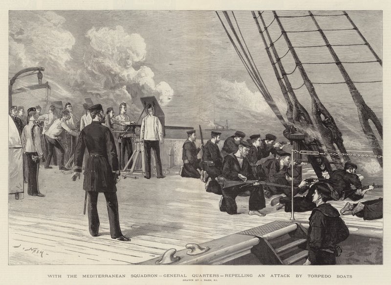 Com o esquadrão do Mediterrâneo, General Quarters, repelindo um ataque de torpedeiros de Joseph Nash