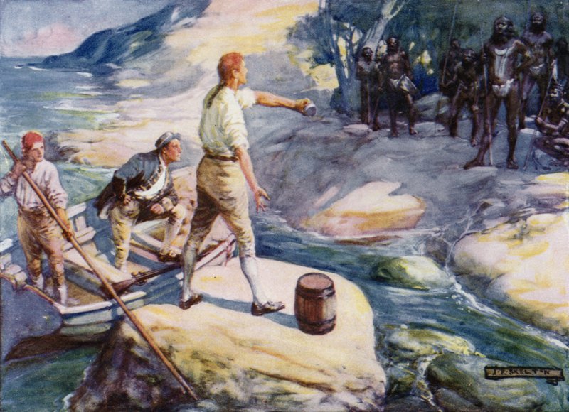 George Bass e Matthew Flinders encontram um grupo de aborígines na Austrália, década de 1790 de Joseph Ratcliffe Skelton