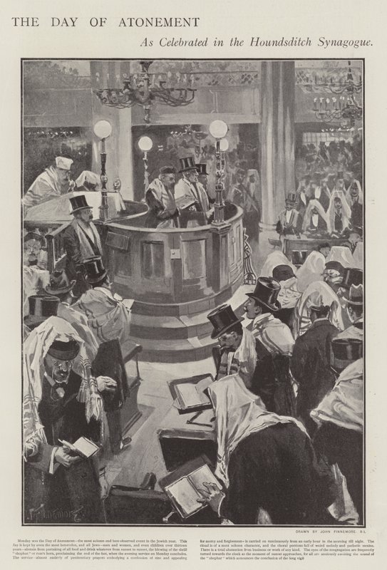 Celebrando o Dia da Expiação Judaica na Sinagoga de Houndsditch, Londres (litho) de Joseph (after) Finnemore