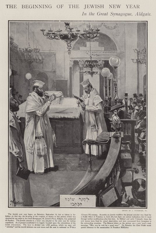 Celebrando o início do Ano Novo Judaico na Grande Sinagoga, Aldgate, Londres (litho) de Joseph (after) Finnemore