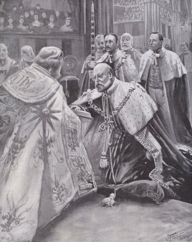 Rei Eduardo VII fazendo o juramento na sua coroação, Abadia de Westminster, Londres de Joseph (after) Finnemore