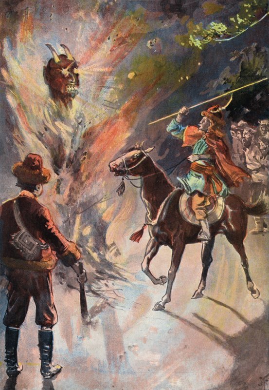 Robinson Crusoe: Destruição do ídolo tártaro (cor litho) de Joseph (after) Finnemore