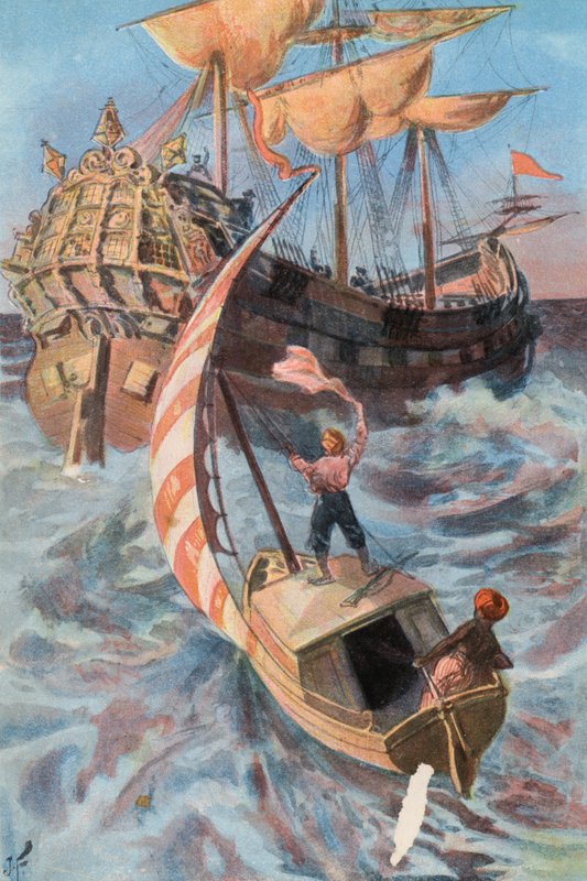 Robinson Crusoé: sou resgatado por um navio português (lito a cores) de Joseph (after) Finnemore