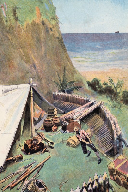 Robinson Crusoe: Eu coleciono minhas lojas (lito colorido) de Joseph (after) Finnemore
