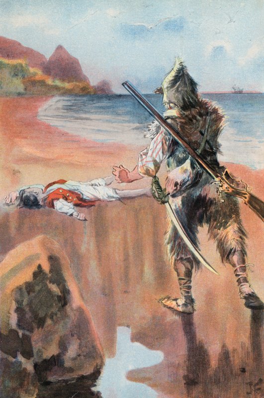 Robinson Crusoe: encontro um rapaz afogado (cor litho) de Joseph (after) Finnemore