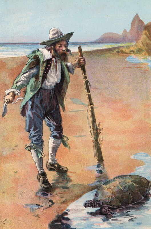 Robinson Crusoe: Encontro uma tartaruga (lito colorido) de Joseph (after) Finnemore