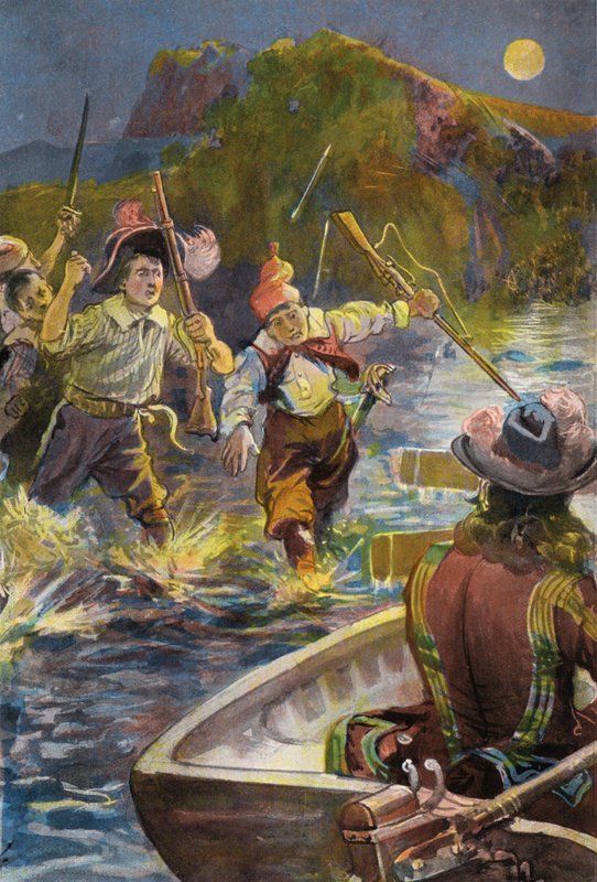 Robinson Crusoe: Nossos homens correm para os barcos (lito colorido) de Joseph (after) Finnemore