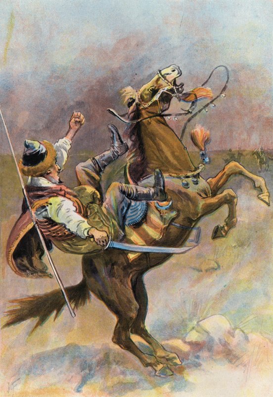Robinson Crusoé: O cavalo derrubou o tártaro e caiu sobre ele (lito colorido) de Joseph (after) Finnemore