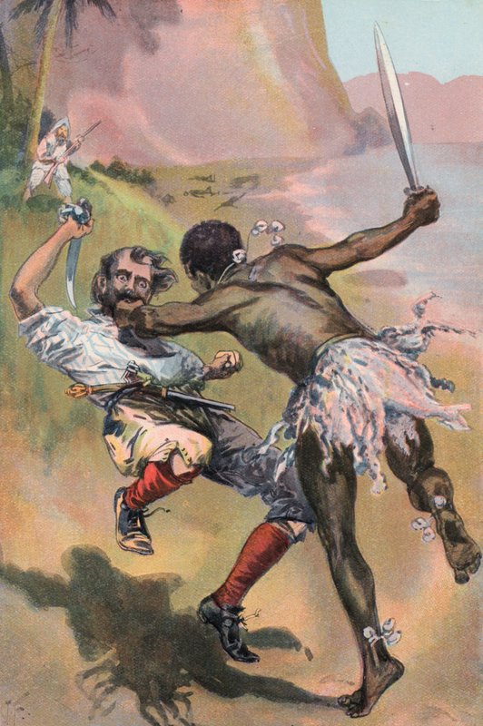 Robinson Crusoe: O espanhol é atacado por um selvagem (lito colorido) de Joseph (after) Finnemore