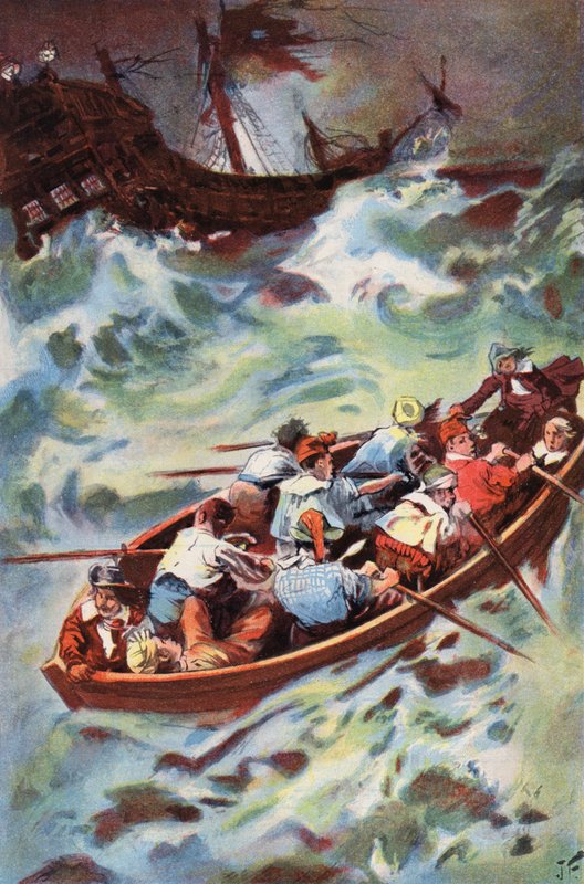 Robinson Crusoe: Deixamos o naufrágio (cor litho) de Joseph (after) Finnemore