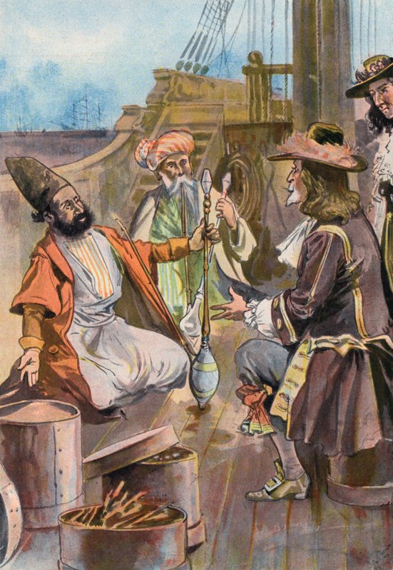 Robinson Crusoe: vendemos a nossa especiaria a comerciantes persas (cor litho) de Joseph (after) Finnemore
