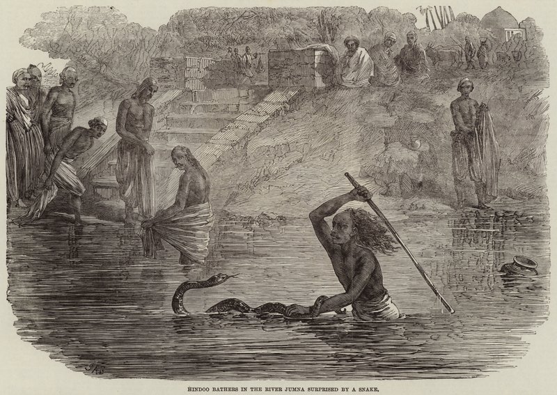 Banhistas hindus no rio Jumna surpreendidos por uma serpente de Joseph Austin Benwell