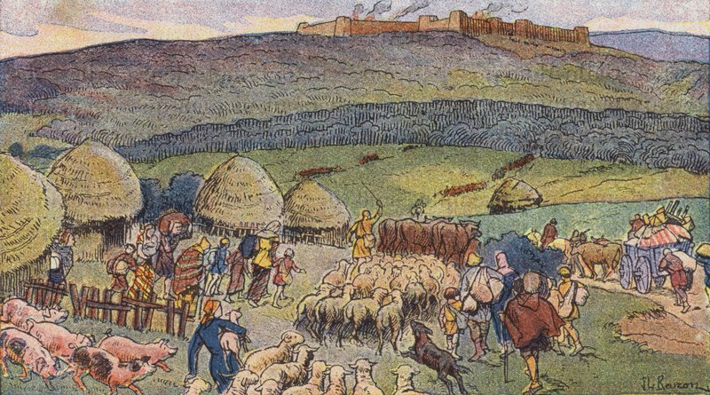 Bibracte, uma cidade na Gália habitada por ferreiros e um local de refúgio em tempos de perigo (lito a cores) de Joseph Beuzon