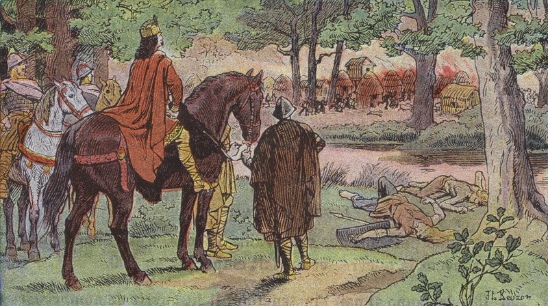 O exército de Carlos Magno queimando uma aldeia alemã e massacrando os habitantes (cor litho) de Joseph Beuzon