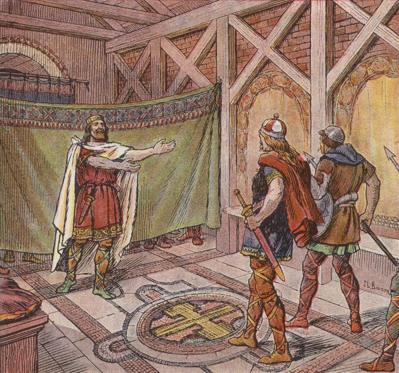 Chlothar I vê os pés dos assassinos ordenados a matá-lo por seu irmão Teodorico (lito colorido) de Joseph Beuzon