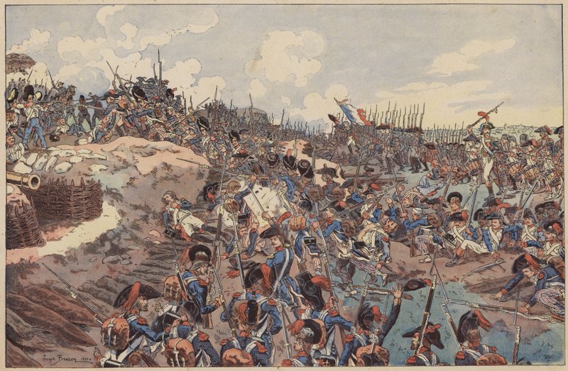 Batalha de Jemappes, Guerras Revolucionárias Francesas, 6 de Novembro de 1792 (cor litho) de Joseph Charles (after) Beuzon