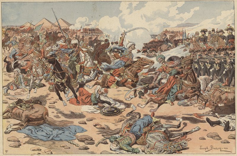 Batalha das Pirâmides, Egipto, Guerra Revolucionária Francesa, 21 de Julho de 1798 (cor litho) de Joseph Charles (after) Beuzon
