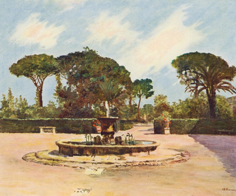 Roma: Villa Medici, A piscina e o jardim (litografia a cores) de Joseph Felix Bouchor