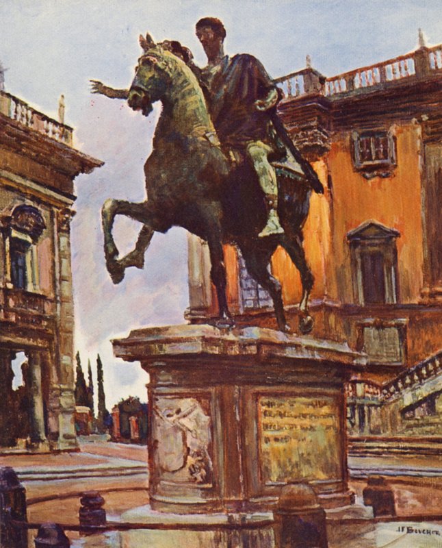 Roma: A estátua de Marco Aurélio, Piazza del Campidoglio (litografia a cores) de Joseph Felix Bouchor