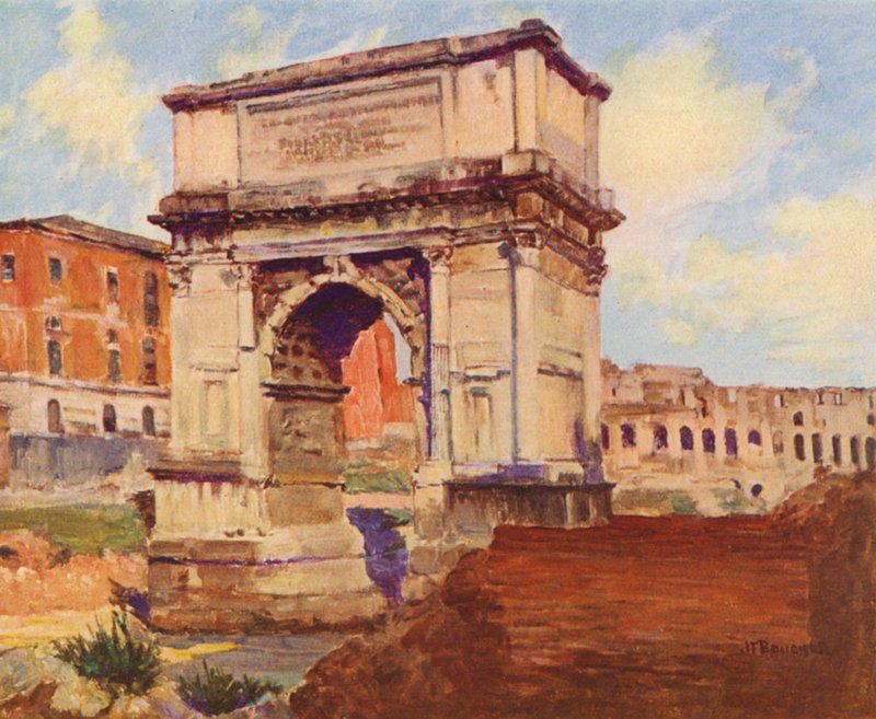 Roma: O Fórum, O Arco de Tito, O Coliseu (litografia a cores) de Joseph Felix Bouchor