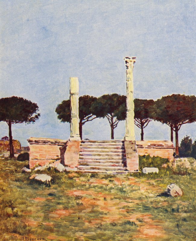 Roma: Ostia, Piazza dei Corporatori (litografia a cores) de Joseph Felix Bouchor