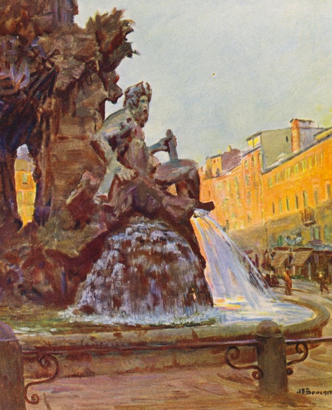 Roma: Piazza Navona, Fonte de Bernini (litografia a cores) de Joseph Felix Bouchor