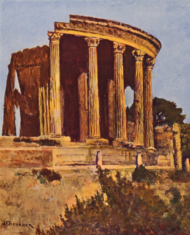 Roma: Tivoli, Templo da Sibila (litografia a cores) de Joseph Felix Bouchor