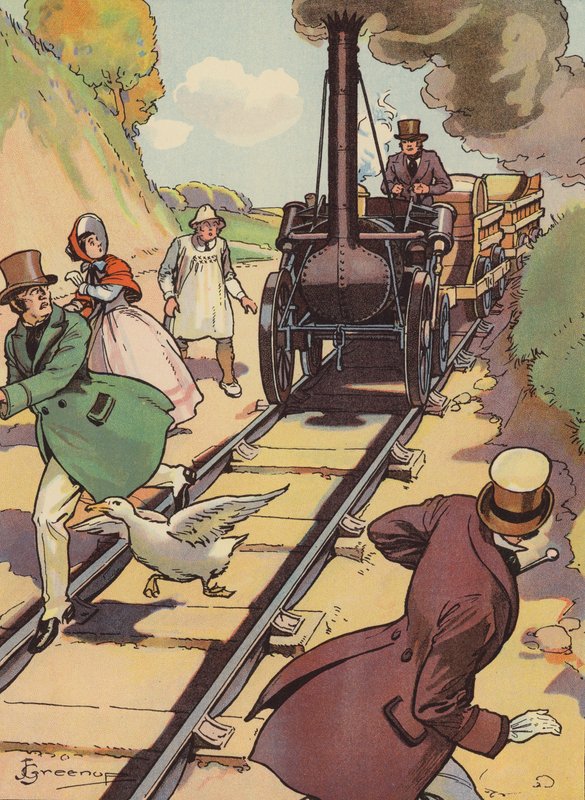 Uma locomotiva antiga (litografia a cores) de Joseph Greenup